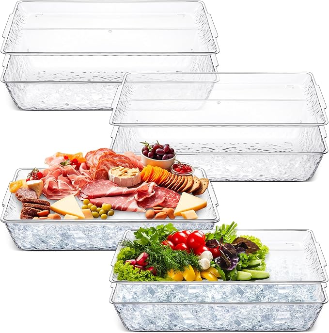 4 Set 16" x 9" Chilled Serving Tray with Compartments,Clear | Ice Chilled Party Platter, Charcuterie Serving Board, Cold Dish Dip Tray for Fruit, Seafood, Vegetable, Appetizer