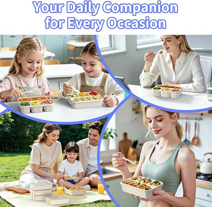 Bento Box 5-Pack, 4-Compartment Lunch Box for Women, Men & Kids, BPA-Free Wheat Straw Snack Containers, Ideal for Meal Prep, Travel, School, Work (White)