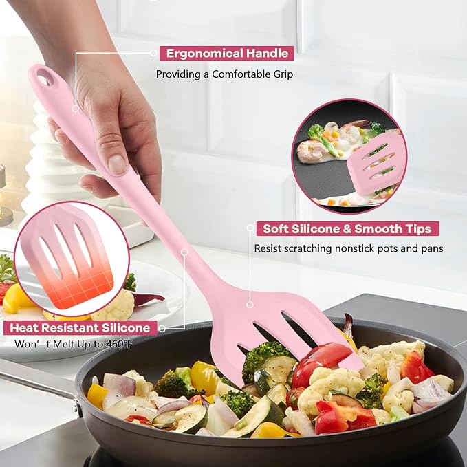 TeamFar Silicone Cooking Utensils, 10 pcs Kitchen Cooking Utensils Set | Heat Resistant Kitchen Gadgets Tools Set w/Spatula, Turners, Spoons, Soup Ladle, Pasta Server for Nonstick Cookware, Pink