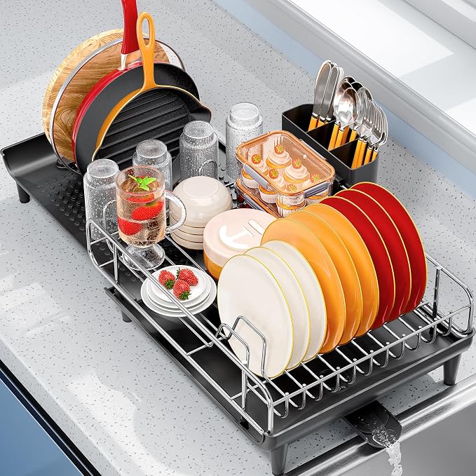 TOOLF Expandable Dish Drying Rack for Kitchen Counter, Black | Collapsible 16.7"-26.8", Stainless Steel Dish Dryer Rack Drainer for RV, Apartment, with Cutlery Holder, Fits for 3-4 People