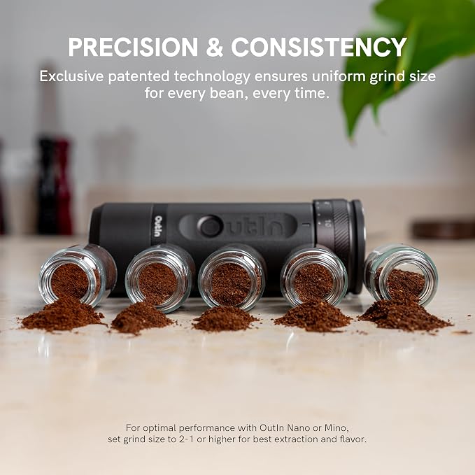 OutIn Fino Portable Electric Coffee Grinder with 28 Precise Grind Settings | Adjustable Coffee Bean Grinder, One-Touch Burr Grinding, Fast-Charge Battery, Auto-Stop & Clog Protection, Sandstone White