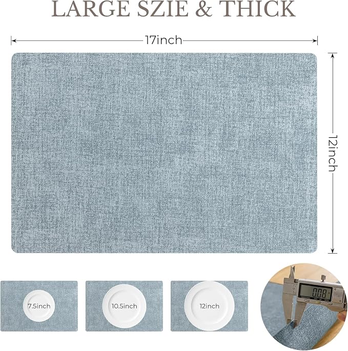 Romanstile Vinyl Placemats Set of 8-12 X 18 Inch - Heat Resistant Place Mats 100% Waterproof Oilproof Wipeable Reversible Faux Leather Table Mats for Kitchen/Dining/Party/Outdoor, Sky Blue