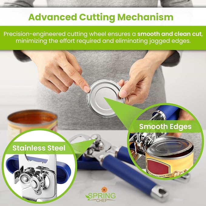 Spring Chef Stainless Steel Manual Can Opener w/Soft Grip Handle, Sapphire | Heavy Duty Hand Can Opener for Seniors with Smooth Edge, Easy Turn, 3in1 Can Opener with Magnetic Lid Remover & Bottle Opener