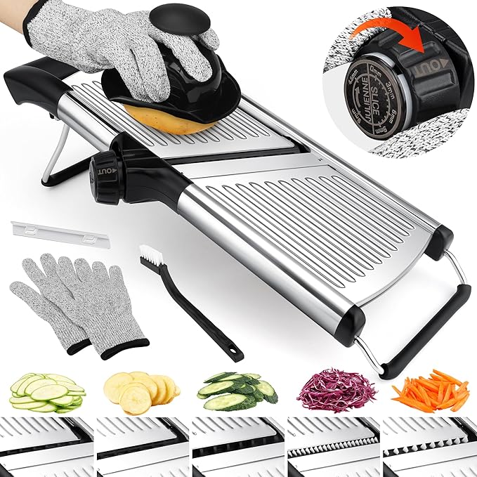 -BINGBING- Mandoline Slicer for Kitchen, Adjustable Mandoline Food Slicer | Stainless Steel Vegetable Slicer, Adjustable Blade, Slices, Julienne, Waffle and French Fries Cut, Includes Gloves and Brush