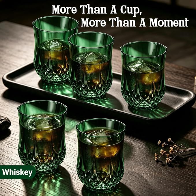24 Pack 12 Oz Plastic Stemless Wine Glasses, Dark Green | Unbreakable, Reusable, Elegant Vintage Design, Fancy Cocktail Cups, Whiskey, Champagne, Wedding, Party, Bars, Holiday Events