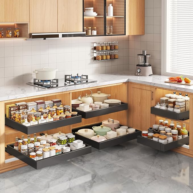 Seinloes 2 Pack Pull Out Cabinet Organizers 21"Deep with Raising Pad for Framed Cabinets,Expandable Slide Out Drawers Upgrade 3 Slide Rails,Roll Out Shelves Adhesive,Adjustable Width 12"-20.45" Black
