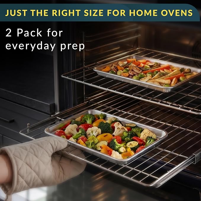 Stainless Steel Cookie Sheet Set of 2, 9" Baking Sheet Pans, Non-Stick | Mirror finish & rust-resistant; BPA-free and dishwasher safe; ideal for everyday oven roasting