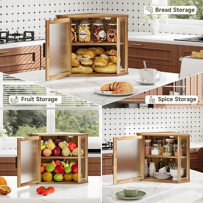 Corner Bread Box,Vintage Acacia Wood Bread box for Kitchen Countertop | Double Layer Large Capacity Wooden Bread Storage Bin, Adjustable Height