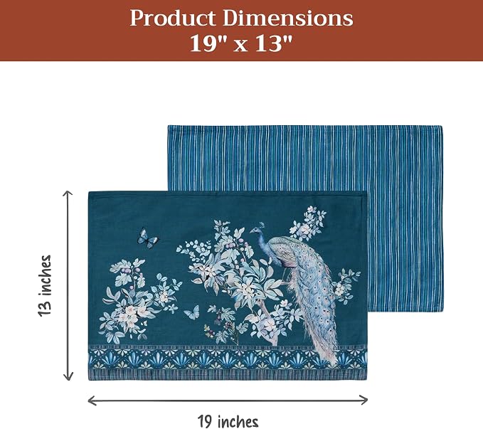 Maison d' Hermine Placemats Set of 4 Reusable 100% Combed Cotton (13"x19") | Cloth Place Mats Washable Table Mats for Kitchen Dining Party Home Restaurant Spring Summer - Peacock Utopia - Deep Sea