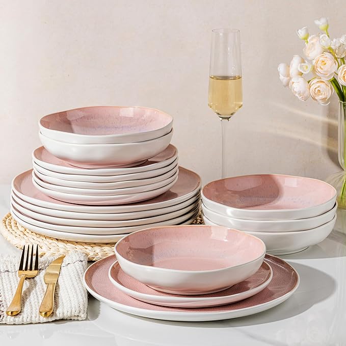 GBHOME Stoneware Dinnerware Sets for 6,18 Piece Rustic Plates and Bowls Set | Earthenware Handmade Reactive Glaze Plate Sets, Chip Resistant Ceramic Dishes, Microwave & Dishwasher Safe, Pink