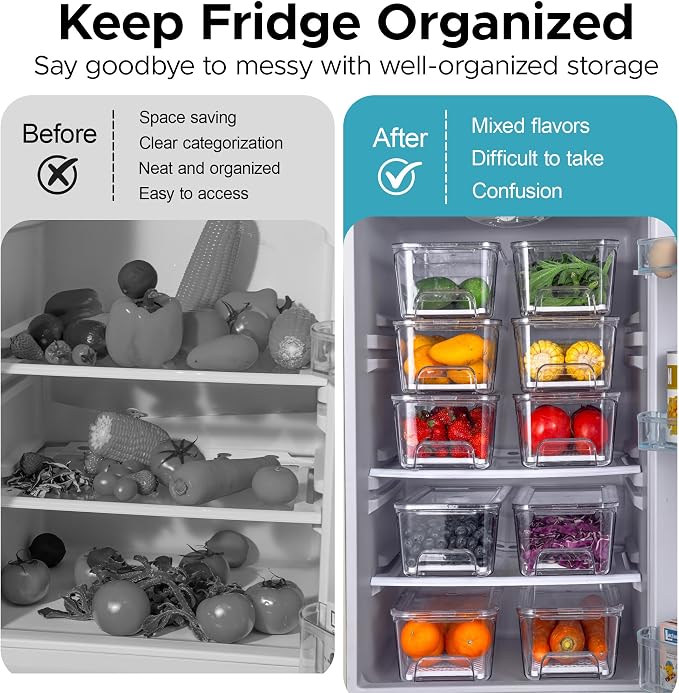 4-Pack Stackable Fruit Storage Containers for Fridge | Pull-Out Drawer Organizer Bins, With Lids & Drain Tray, Keep Fresh, Removable Refrigerator Container for Berry, Veggie, Drink