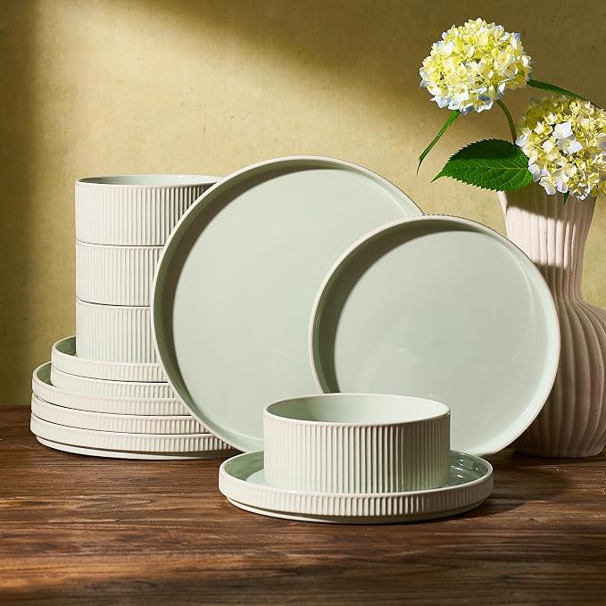 Famiware Ceramic Plates and Bowls Set, Dinnerware Sets, Ribbed Dishes for 4 | 12-Piece Stoneware Dishware, Lipped Edges, Chip & Scratch Resistant, Microwave & Dishwasher Safe, Everyday Use, Light Green