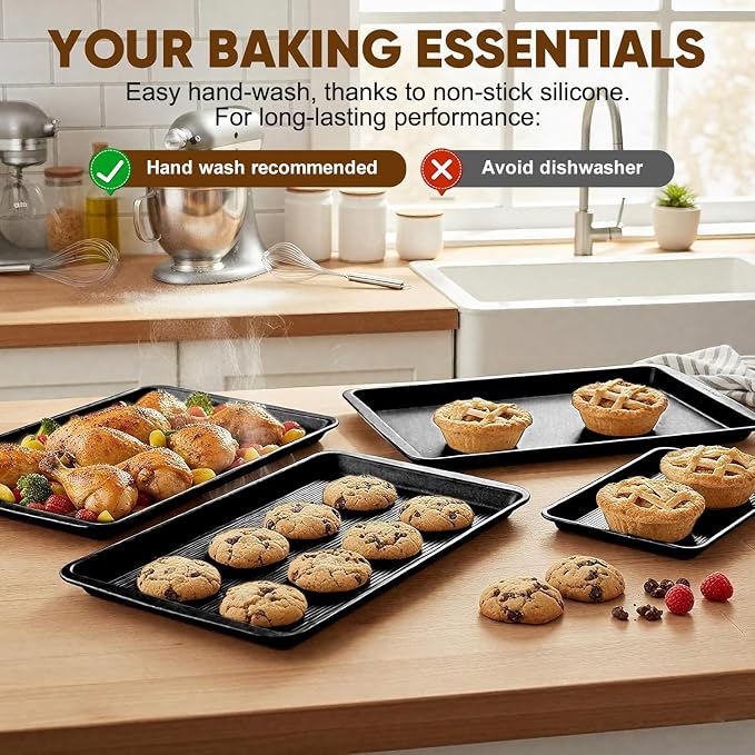 Sakerplus Nonstick Baking Sheet Pan Set of 3, Heavy Duty Cookie Sheets for Oven with Stripe Texture Pattern, 0.6mm Thick Quarter/Half/Jelly Roll Pans, Rust-Resistant & Easy Clean (Black)