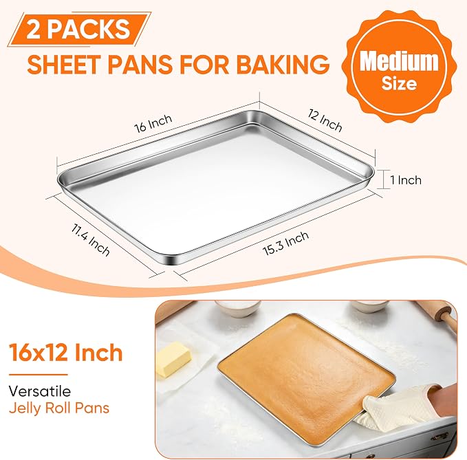LIANYU Cookie Sheets for Baking, Jelly Roll Pan for Oven, 16x12 Inch, 2PCS | Stainless Steel Baking Tray Pan, Healthy Metal Tray for Home Bakery Hotel Restaurant, Heavy Duty, Dishwasher Safe, No Coating