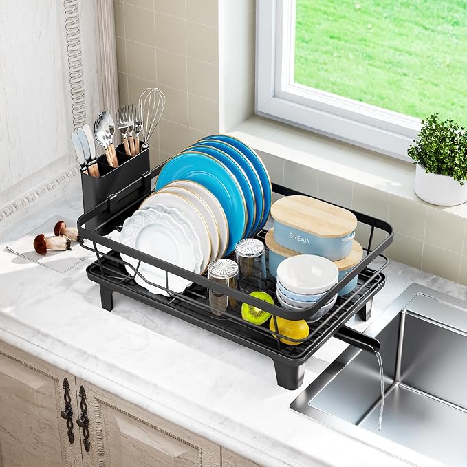 Urakify Dish Drying Rack for Kitchen Counter, 16.5" L x 12.2" W, Black | Large Dish Drainer with Cutlery Holder, Sink Dish Rack with Drainboard for plate dish silverware, Space Saving