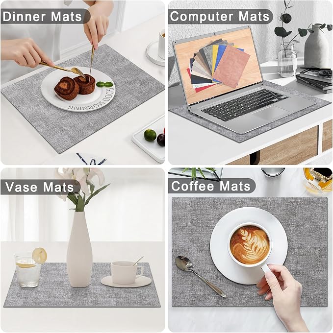Homaxy PU Faux Leather Placemats for Dining Table, Set of 4, Light Grey | Waterproof Wipeable Washable Table Mats, Easy to Clean Anti-Slip Place Mats, 11.8" x 17"