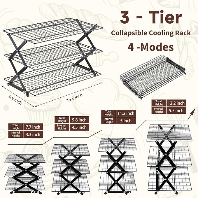 Pleafind 3 Tier Collapsible Cooling Rack - 4 Setting Design, Adjustable ＆ Stackable Baking Rack with X-Shaped Design and Leak-Proof Mesh Surface, Cooling Racks for Cooking and Baking, Dishwasher Safe