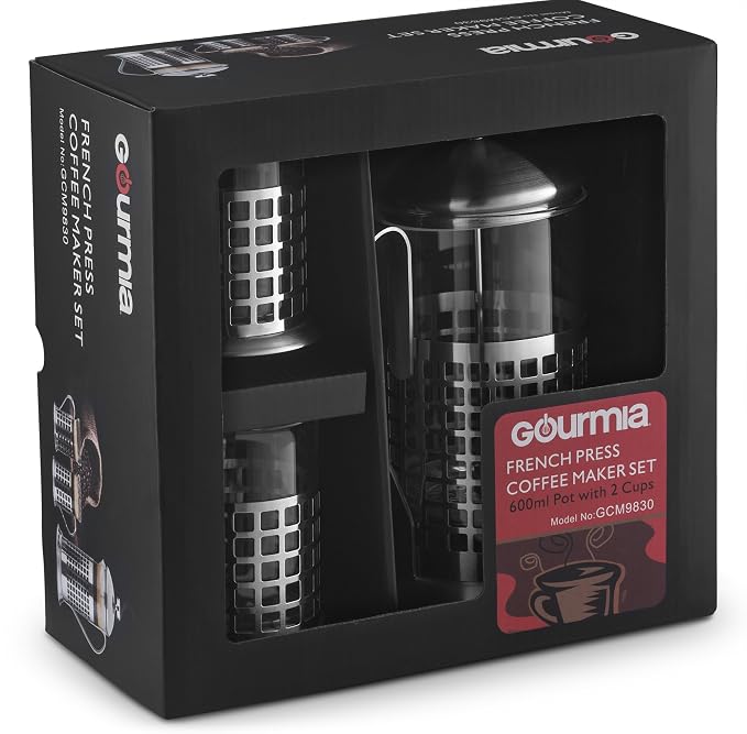 Gourmia GCM9830 French Press Coffee Maker Set 600 ml French Press Coffee Brewer With 2 Matching Stainless Steel Drinking Cups