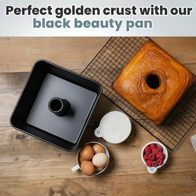 One-Piece Square Tube Cake Pan, 18 Cup, Anodized Aluminum, 9 x 9 x 4.5 in, Seamless Design, Easy Release, Even Heat, for Angel Food, Chiffon, Sponge, Mile High & Pound Cakes (Black)
