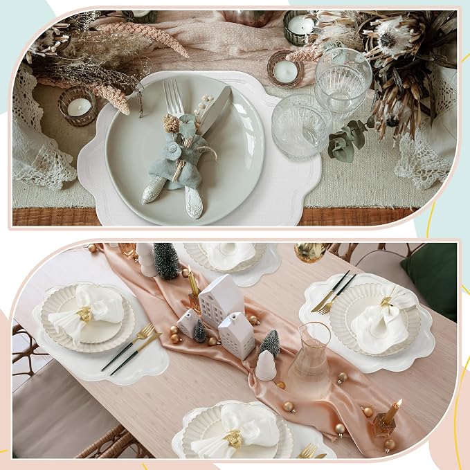 8 Pcs White Cotton Wedding Placemats Scalloped Embroidered Placemats 17" x 13" Double Layered Machine Washable Table Place Mat for Party Table Decor