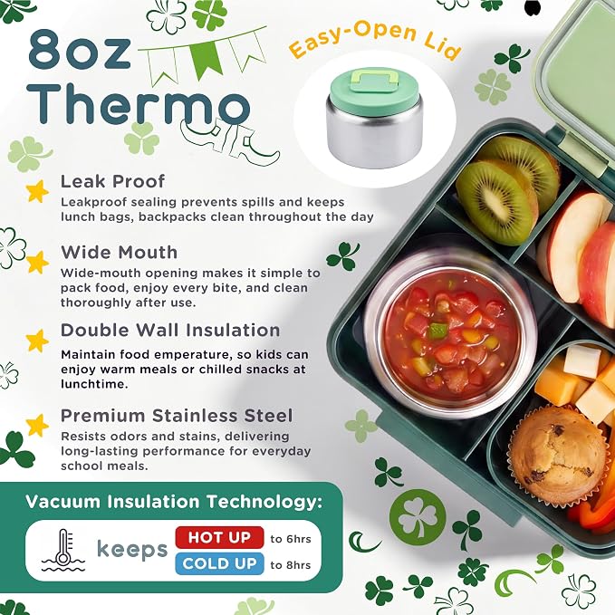 Bento Lunch Box for Kids with 8oz Soup Thermo Leak-Proof Lunch Food Containers with Snack Sauce Container for Kid Girls Boys to School, Green Bag