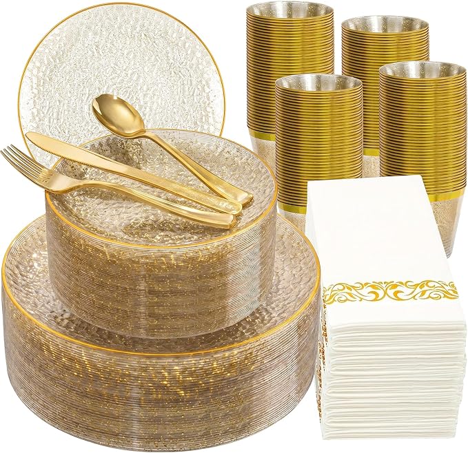DaYammi 350PCS Clear Gold Glitter Plastic Dinnerware Set for 50 Guests, Hammered Disposable Plates for Party, Include: 50 Dinner Plates, 50 Dessert Plates, 150 Gold Silverware, 50 Napkins, 50 Cups