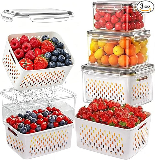 3 Pack Fruit Storage Containers for Fridge with Removable Colander – Airtight Produce Storage Containers with Lids, BPA-Free Berry Keeper for Vegetables, Lettuce & Meal Prep (29oz+59oz+112oz)
