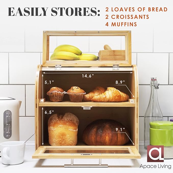 Arise Bamboo Wooden Bread Box for Kitchen Countertop, Extra Large 2-Shelf | Bread Storage Container with Clear Windows & Air Vents, Bread Bin & Keeper, Keeps Bagels, Rolls & Buns Fresh, Self Assembly