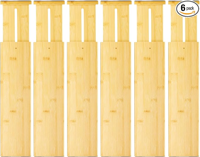 VaeFae 6 Pack Bamboo Drawer Dividers, 4" High Adjustable 11.9-17.1" Clothes Drawer Organizers, Expandable Separators for Bedroom/Bathroom/Kitchen/Office Storage