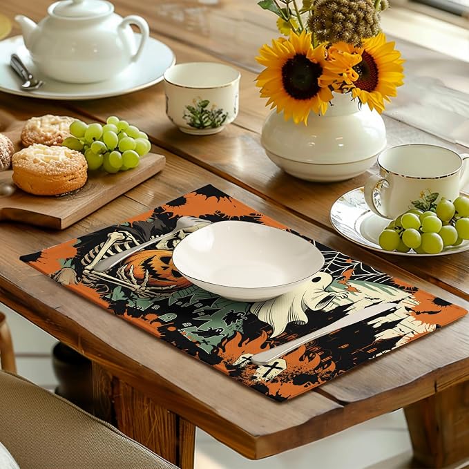 Halloween Skeleton Ghost Placemats Set of 4 12x18 Inch Spooky Pumpkin Bat Table Mats Vintage Rustic Farmhouse Place Mats for Party Kitchen Dining Decor