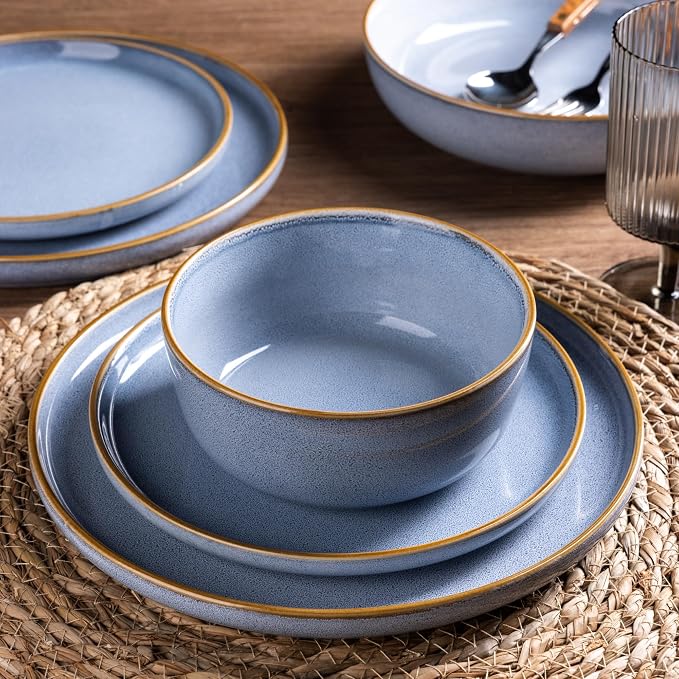 GBHOME Dinnerware Sets for 6, 18 Pieces Ceramic Plates and Bowls Set | Scratch Resistant Stoneware Dishes Set, Dishwasher & Microwave Safe, Reactive Glaze-Vista Blue
