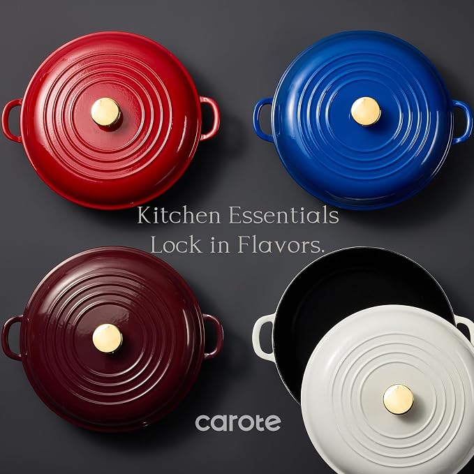 CAROTE 3.4QT Enameled Cast Iron Braiser Pan, Shallow Dutch Oven Casserole Skillets, Non-Toxic Cast Iron Pot with Lid for Grilling, Searing, Baking, Dual Handles, All Stovetop Compatible, Red
