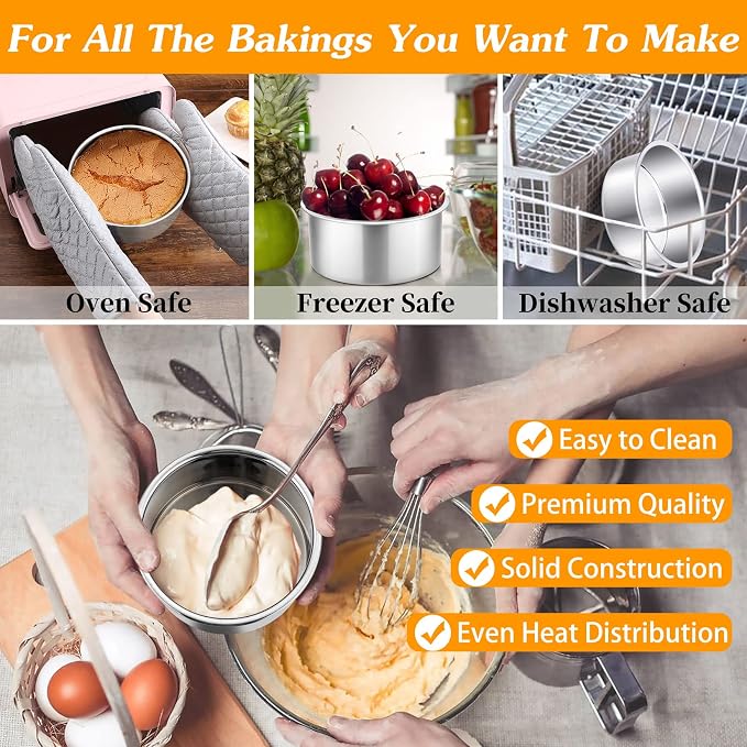 P&P CHEF 4 Inch Round Cake Pan Set of 3, Stainless Steel Baking Cake Pans | Round Baking Cake Pan Bakeware for Layer Birthday Cake, Fit Oven/Pots/Pressure Cooker, Leakproof & Dishwasher Safe, Silver