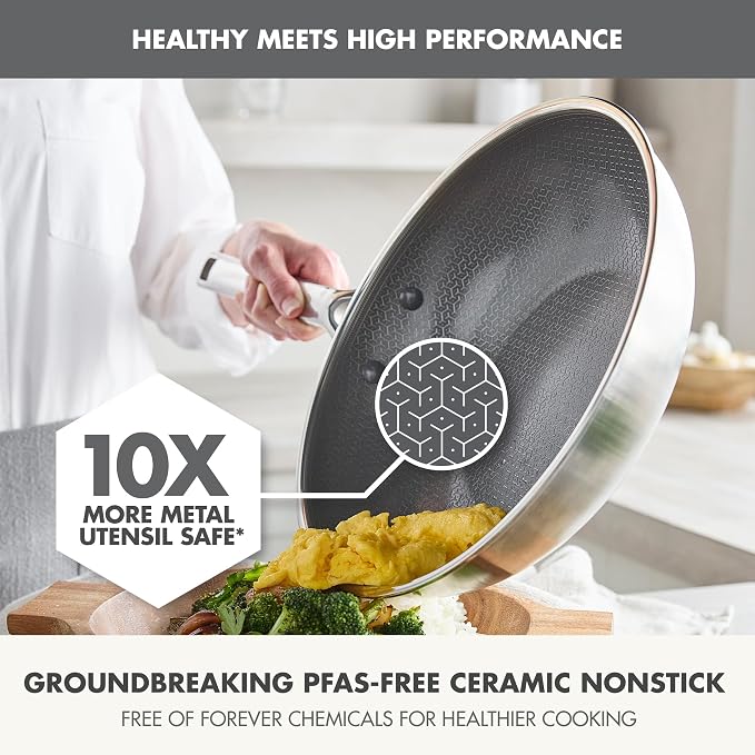 GreenPan Hybrid APEX 11" Tri-Ply Stainless Steel Wok, Ceramic Nonstick Pan | APEX Tri-Ply Pan, PFAS-Free Thermobond Nonstick, Induction & All Cooktop Compatible, Dishwasher & Oven Safe to 850F, Silver