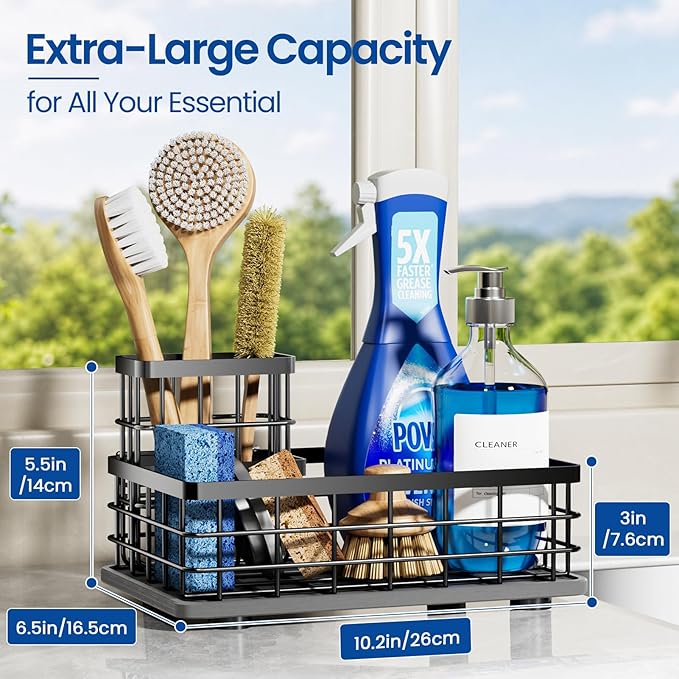 Kitchen Sink Caddy Organizer with Sponge & Brush Holder, Stone Drying Mat | Extra-Large Kitchen Countertop Organizer, Stainless Steel Kitchen Sink Accessories with Quick-Dry Soap Tray for Fewer Stains