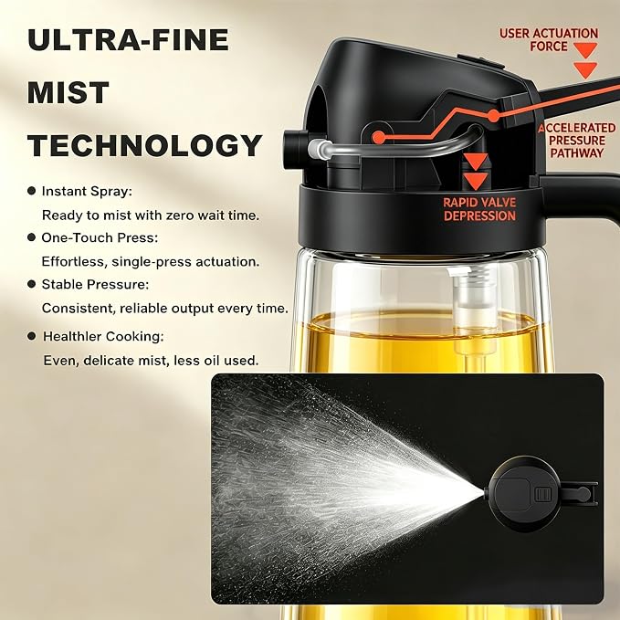 Pure Future 2-in-1 Olive Oil Sprayer for Cooking - 16oz/470ml Glass Oil Dispenser Bottle with Portion Control, Refillable Mister for Air Fryer, BBQ, Salad, Grilling, Food-Grade & BPA-Free (Black)