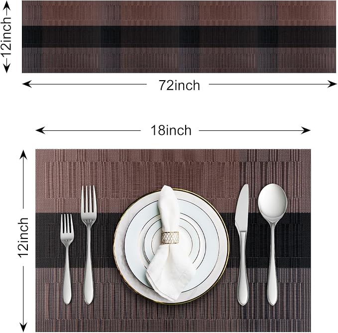 Aofmee Table Runner and Placemats Set of 6 Washable, Heat Resistant Place Mats with Table Runner, Woven Vinyl Table Placemats for Dining Table, Stain Resistant Kitchen Table Mats Sets, Easy to Clean