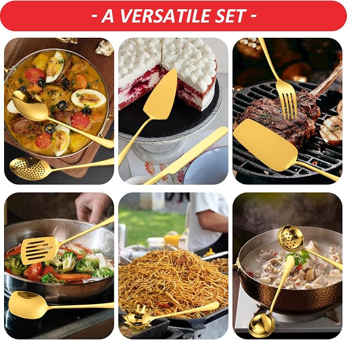 Gold Stainless Steel Kitchen Utensils Set 11 Pcs Cooking Utensils Hostess Serving Heat Resistant Kitchen Essentials Metal Kitchen Gadgets Accessories,for Buffet,Wedding,Party Dishwasher Safe