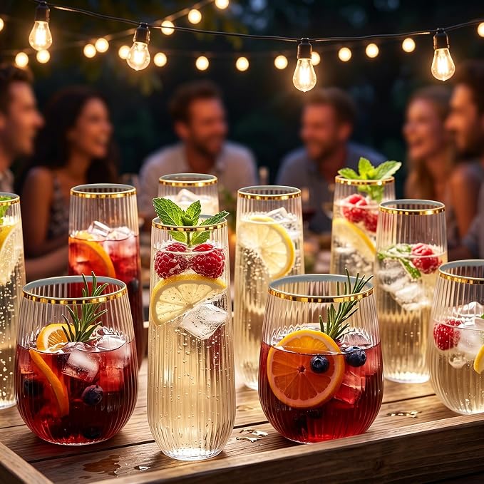 Lueumxc 48 Pack Plastic Wine Glasses Disposable Ribbed Champagne Flutes, 24 Pcs 9 OZ Stemless Champagne Flutes & 24 Pcs 15 OZ Disposable Wine Glasses, BPA-Free