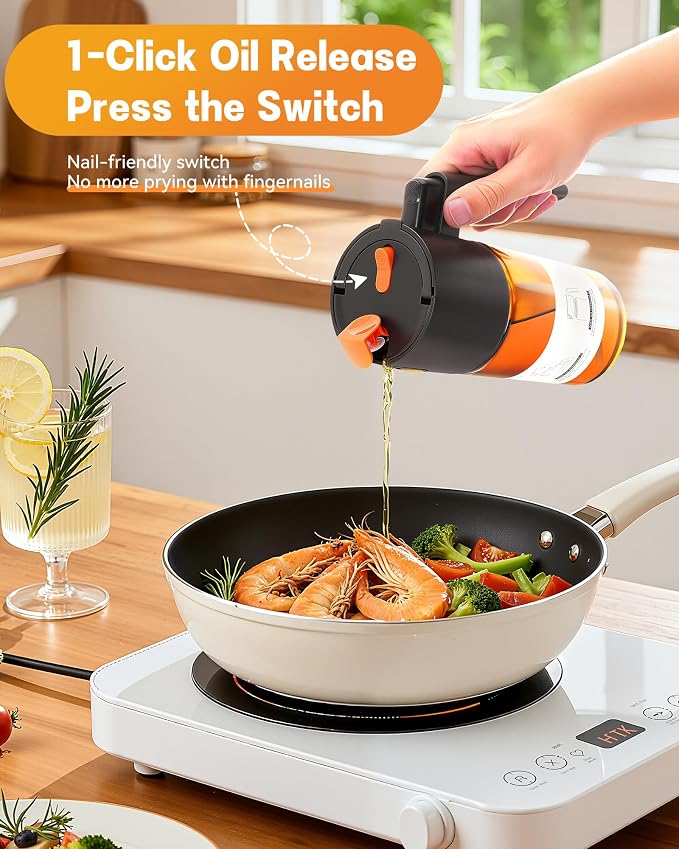 Olive Oil Sprayer & Dispenser Bottle for Cooking 17oz Dark Glass Oil Mister | 2-in-1 Sprayer & Pourer, Fine mist, Leakproof, Light-Blocking, Wide Mouth for Easy Refill & Clean, 8 Oil Labels, Reusable