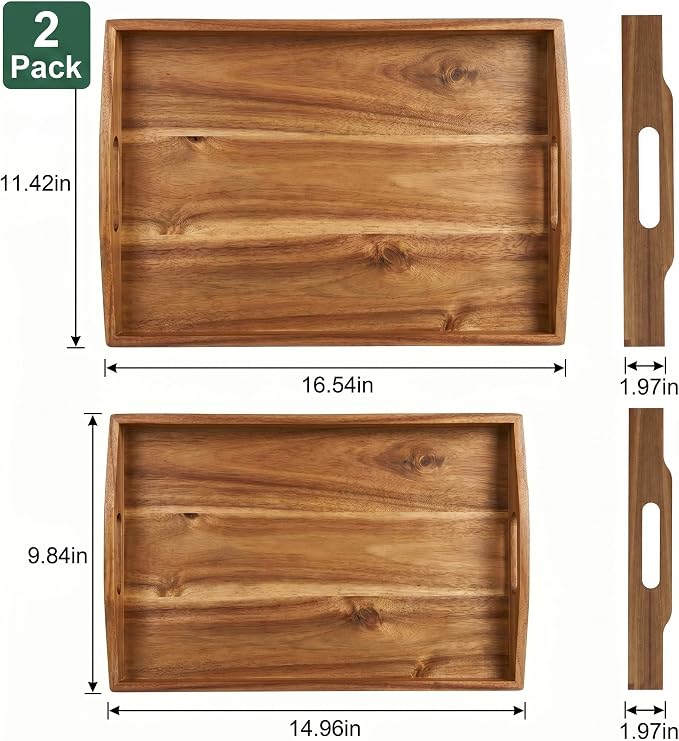 Acacia Wood Serving Trays with Handles, Rectangular Wooden Tray Set of 2 for Breakfast, Coffee Table, Ottoman, Kitchen, Dining, Party and Home Décor