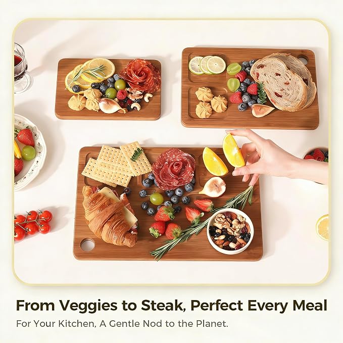 Bamboo Cutting Board for Kitchen – 3-Piece Wooden Boards with Juice Grooves, Side Handles, Non-Slip Mats – Perfect for Meat, Veggies, Fruit – Ideal Kitchen Gift