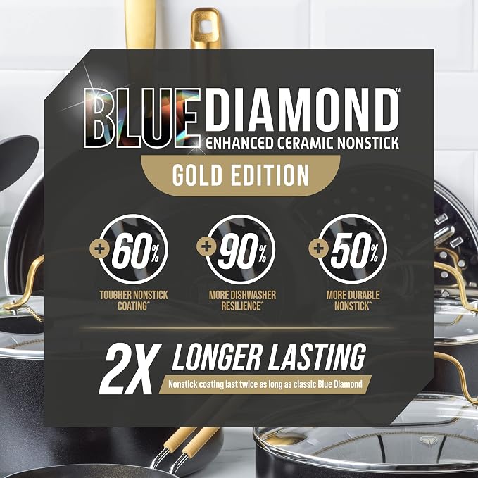 Blue Diamond 4QT Saute Pan with Lid, Non Toxic Induction PFAS-Free Diamond Ceramic Nonstick, Dishwasher & Oven Safe, Metal Utensil Safe, Gold Handle & Helper Handle, Jumbo Skillet, Glass Lid, Black