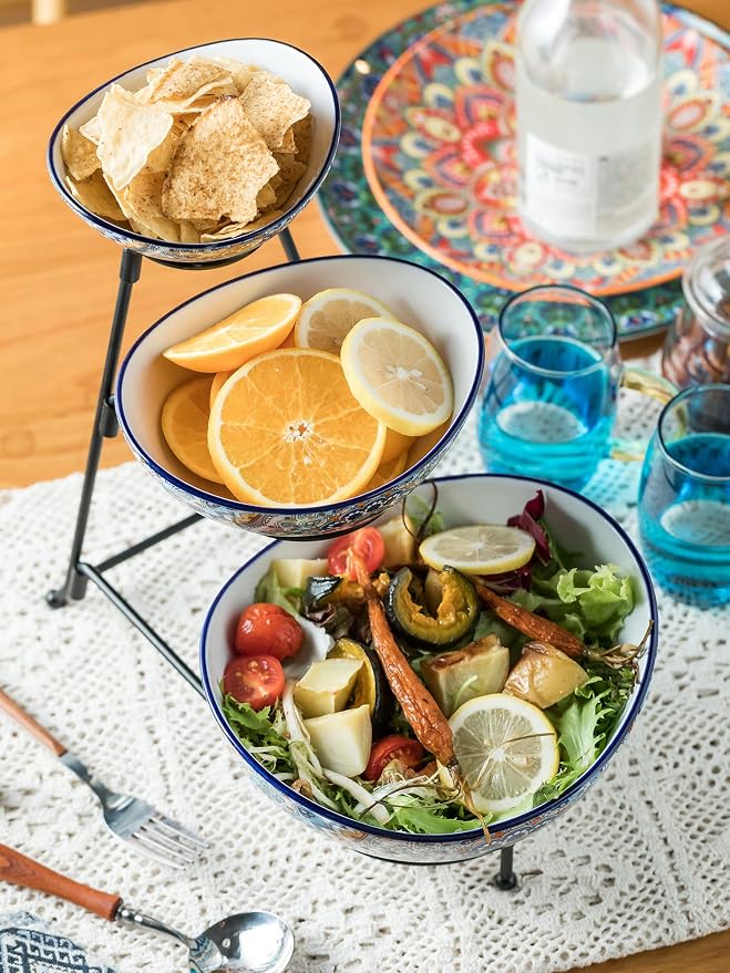 YHOSSEUN 3 Tier Serving Bowls, Serving Dishes for Entertaining Porcelain | Serving Trays and Platters Tiered Bowl Set with Collapsible Thicker Sturdier Metal Rack, Framhouse Kitchen Decor