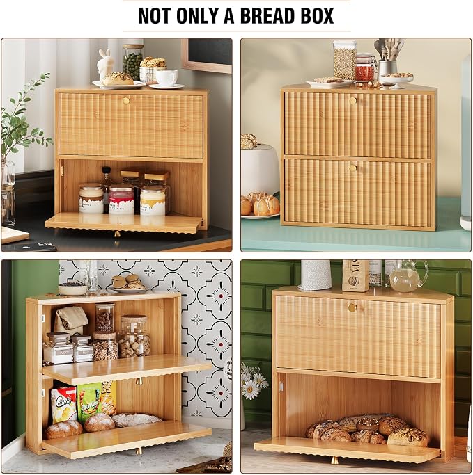 Trironsun Corner Bread Box for Kitchen Countertop Bamboo Two Layer Large Capacity Bread Storage Bin Vintage Storage for Homemade Bread (Natural Bamboo)