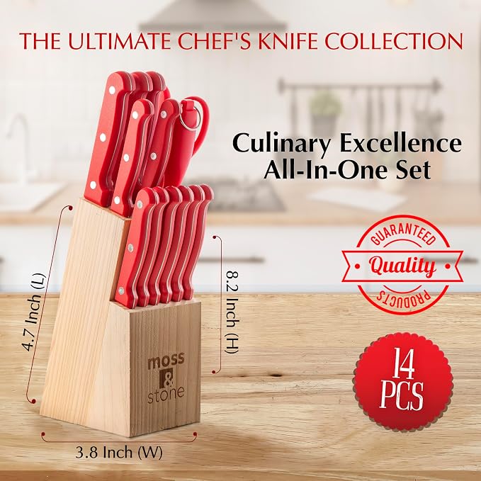 Moss & Stone Red 14 Pcs Kitchen Knife Set with Block, Stainless Steel | Premium forged kitchen knives with high-carbon sharp blades, ergonomic handle, rust-resistant knife block set for home & chef