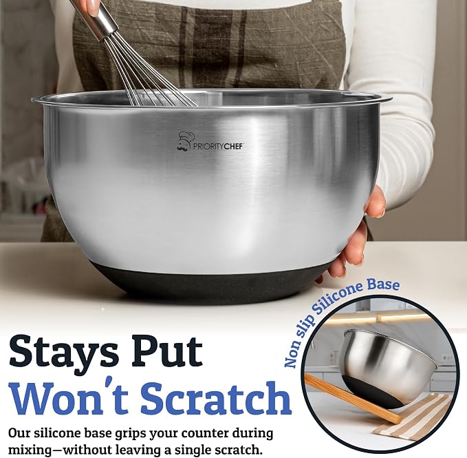 Stainless Steel Mixing Bowls with Lids Set, Metal Nesting Bowls with Airtight Lids, Graters, Non-Slip Base & Measurement Marks, Includes Utensil Set for Prep, Baking & Storage, Black