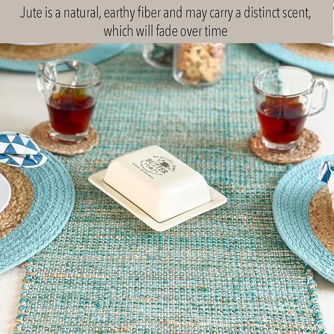 Natural Jute Table Runner 13x36 Inch – Vintage Boho Rustic Table Decor – Handwoven Table Runner in Natural Jute and Aqua Turquoise – Farmhouse Dining or Console Table Accent