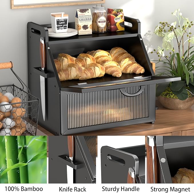 Bread Box for Kitchen Countertop, Large Bread Storage Container for Homemade Bread, Wooden Farmhouse Breadbox Organizers, Double Layer Bread Bin with Acrylic Window Bread Holder, Black