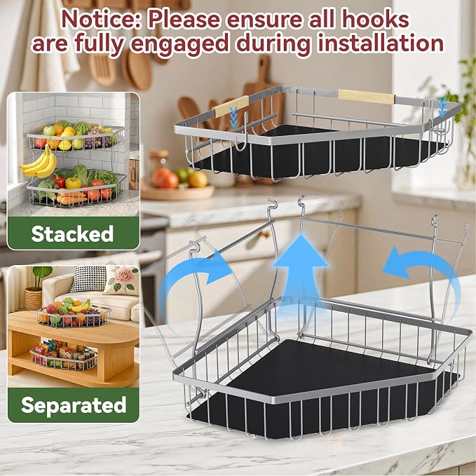 2 Tier Fruit Basket for Kitchen Counter with 2 Banana Hangers for Corner | Detachable Metal Fruit Bowl with Wooden Handle, Large Capacity Fruit Stand for Bread Fruit and Vegetable Storage, Silver